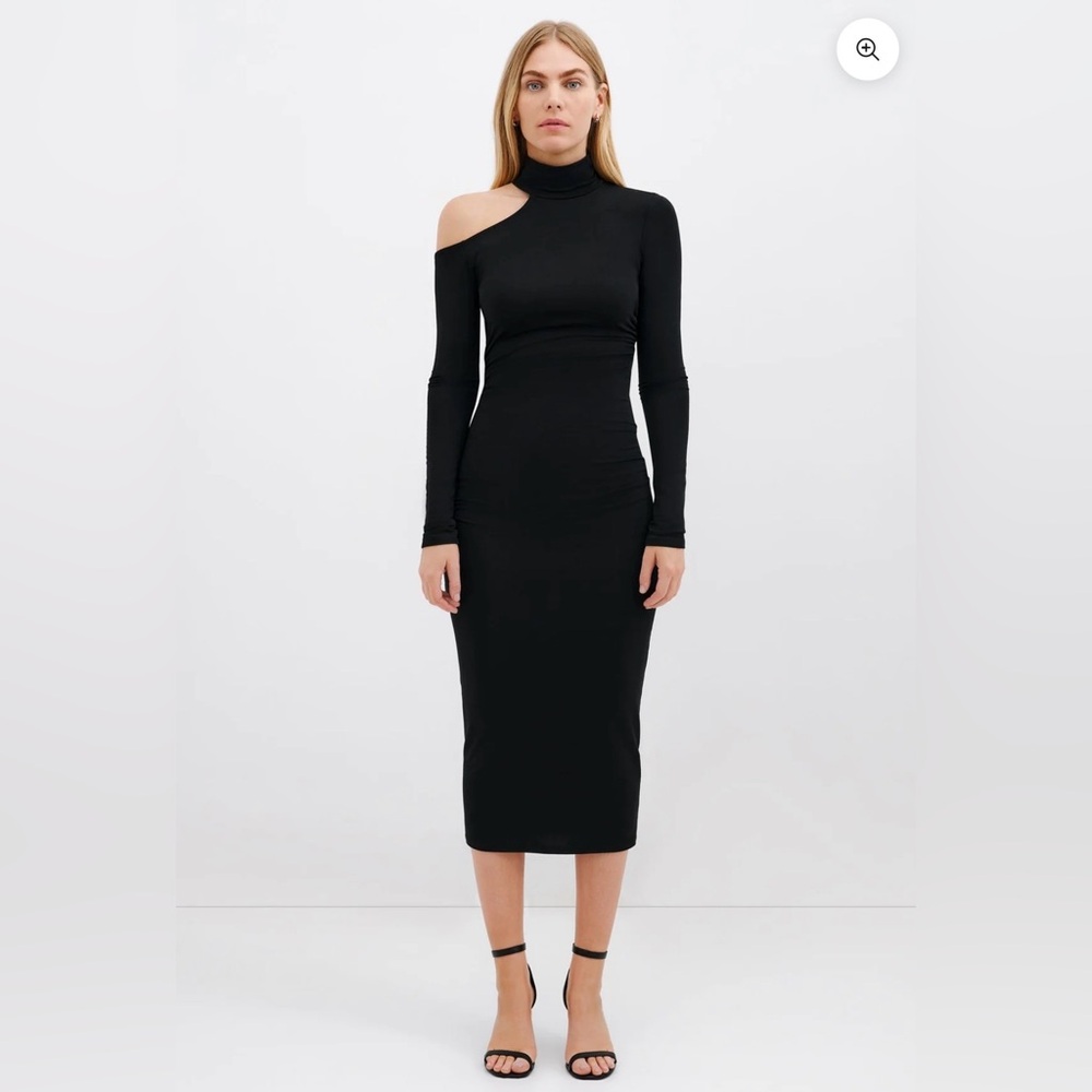 Marcella NYC Sawyer One Shoulder Midi Dress Black Sustainable Jersey Ruched Sz M
